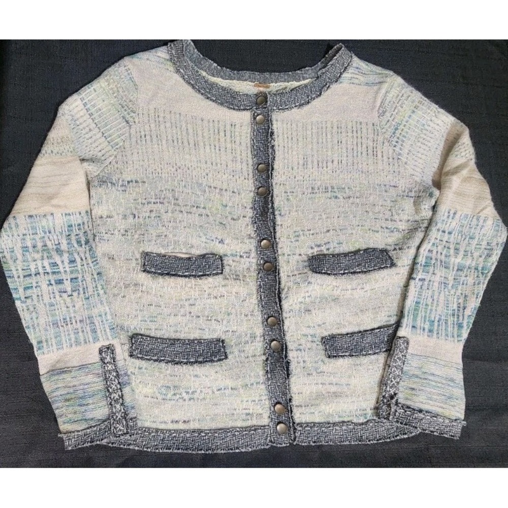 Free People Lrg Button‎ Front Short Cardigan Sweater Gray Teal Cotton Silk Wool